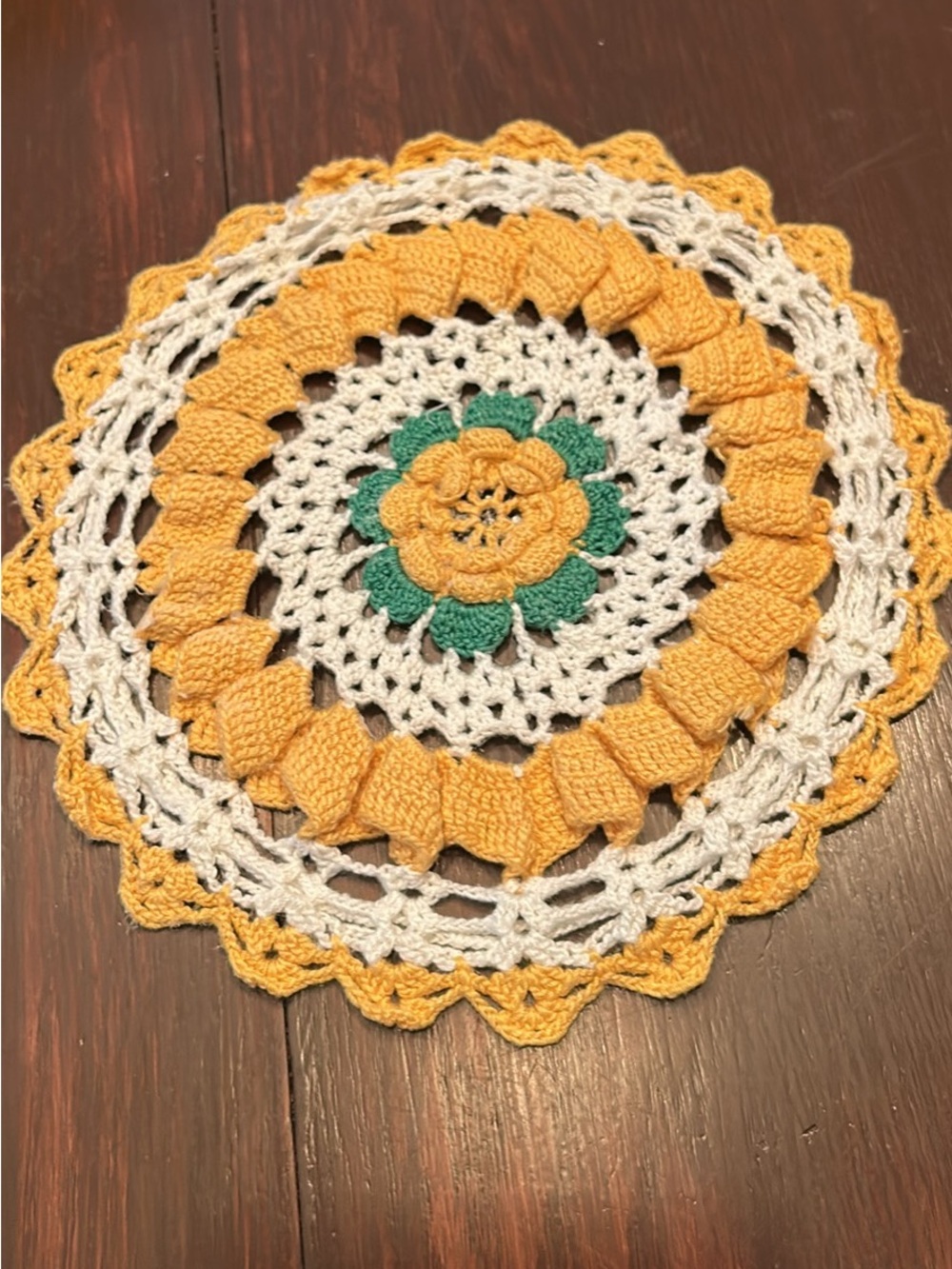 Handmade Yellow & White Crochet Doily with Green Flower Accent 8 1/2 in